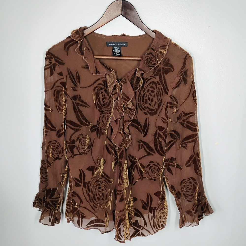 Anne Carson Y2K Blouse Womens Medium Brown Crushed Velvet Sheer Ruffle Fairycore